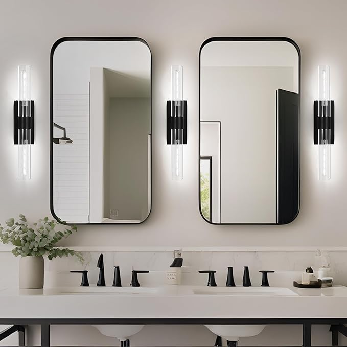 Modern Wall Sconces, Bathroom Wall Sconce, 22.8" Black Wall Lamps, 2-Light Dimmable Sconces Wall Lighting with Glass, Vanity Light Tube Sconce for Bedroom Living Room, Hallway