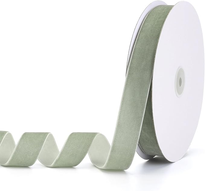 Dusty Green Velvet Ribbon 1" x 20Yd,Great for Gift Wrapping,Hair Bows Making, Wreaths,Wedding and Christmas Party Decoration(Dusty Green 1")
