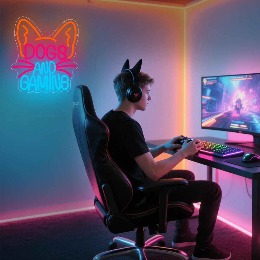 RuCvixkt Dog Gaming Neon Sign for Wall Decor, Game Neon Lights for Bedroom Man Cave Game Room Home Party Decor, Gift for Boy Women Party Birthday Christmas