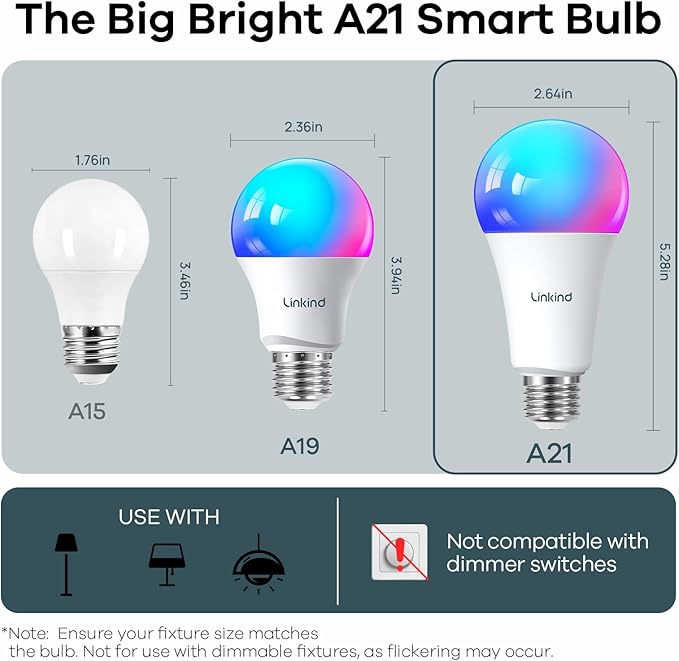 Linkind Smart Light Bulbs, 1600LM (100W Equivalent) Smart Bulb, Work with Alexa & Google Home, RGBTW Color Changing Bulb Music Sync, 2.4GHz Wi-Fi & Bluetooth, LED Alexa Light Bulbs 14W, A21 E26, 4Pack
