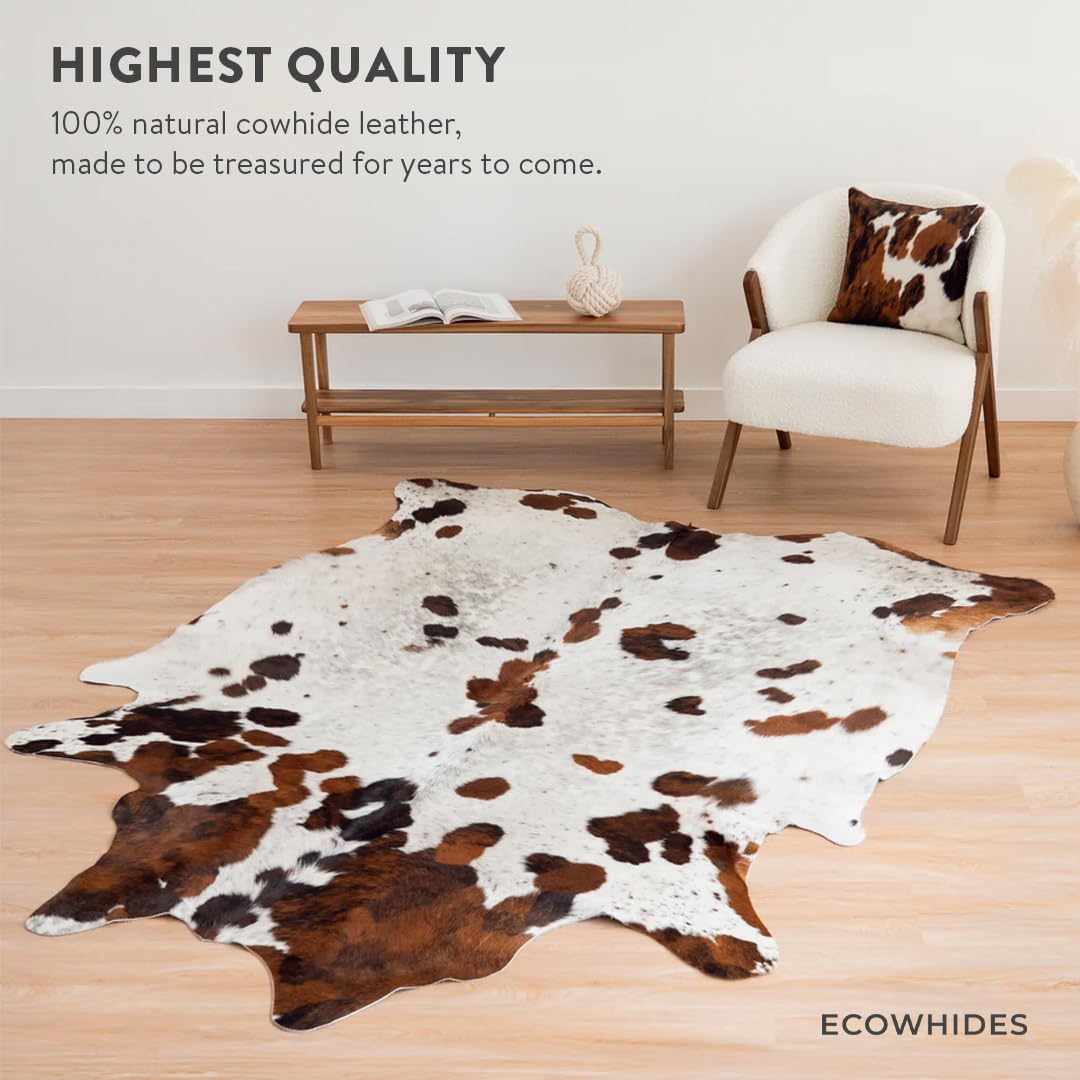Ecowhides 100% Genuine Brazilian Cowhide Rug - Tricolor White - Luxury Cowskin Cow Hide Leather Area Rug Home Decor (X-Large) 7 x 6 ft