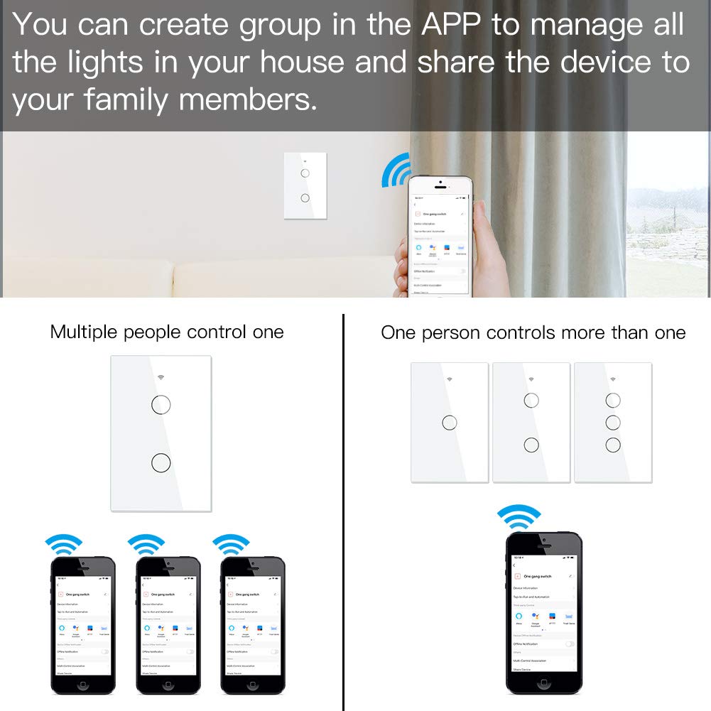 MOES Touch Wall Single Live Wire Smart Switch，No Neutral Wire Needed, 2.4GHz WiFi RF433 Light Switch Works with Smart Life/Tuya App, Alexa and Google Home, Single Pole 110V, White 1 Gang