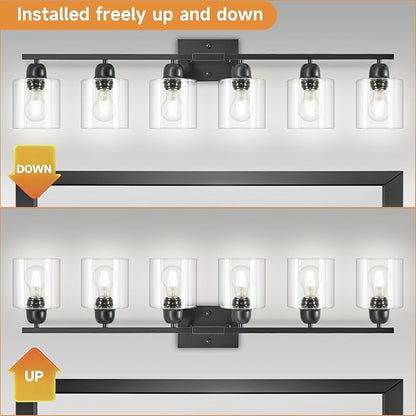 Modern 6 Light Bathroom Light Fixtures,38 inch Vanity Lights for Bathroom with Clear Glass, Black Vanity Light for Mirror Kitchen Living Room Hallway Cabinet Porch