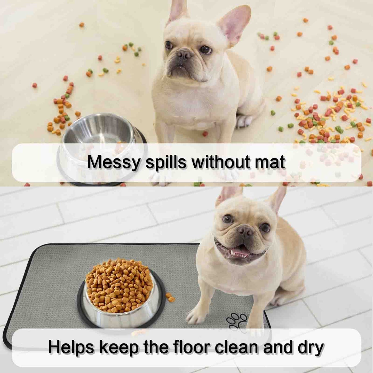 SINLAND Microfiber Pet Bowl Mat Dog Cats Feeding Mats for Food and Water Dish Drying Mat with Anti-Skid Backing 14.2Inch x 24Inch Grey