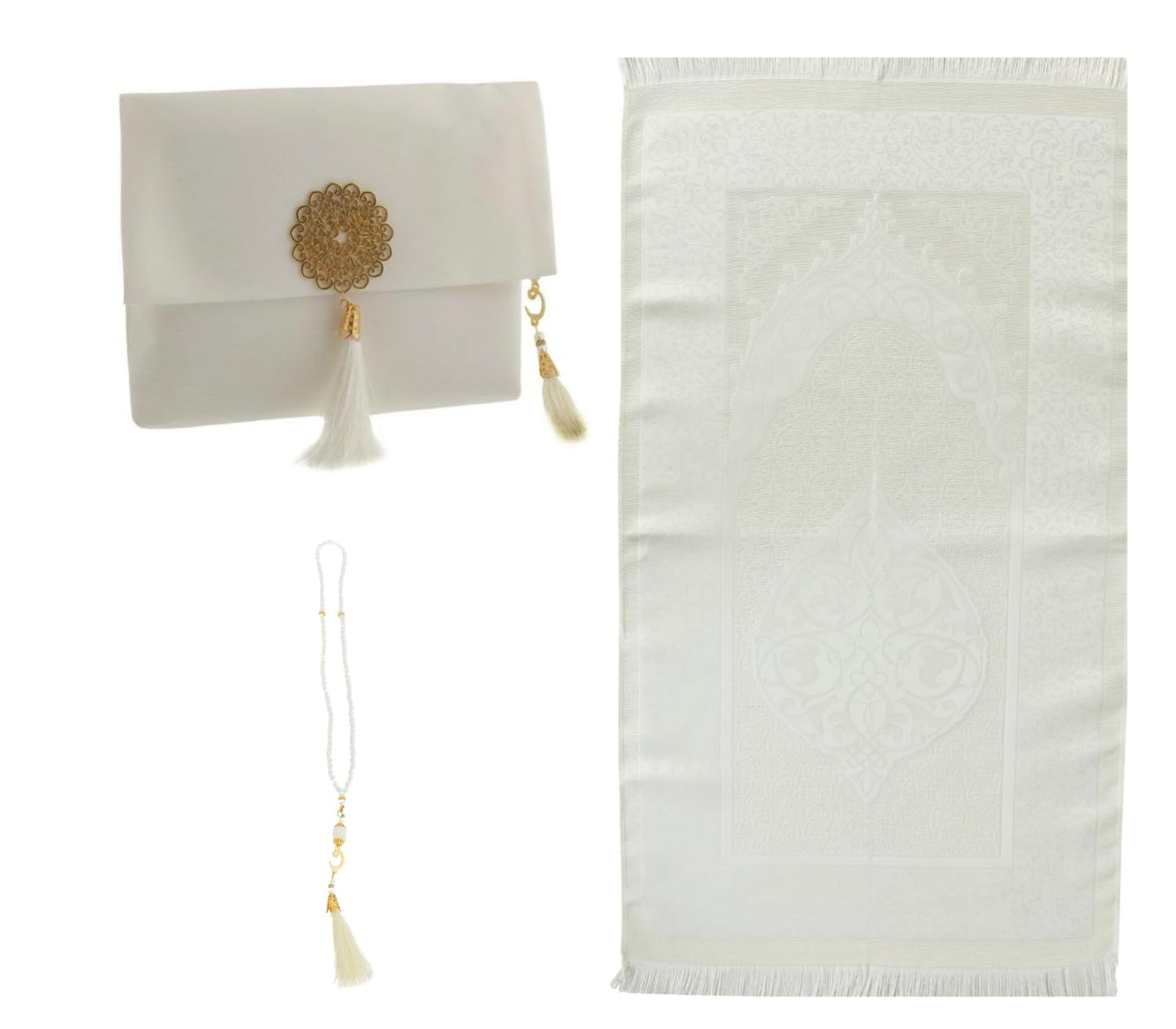 Prien Muslim Prayer Rug with Tasbih and Portable Bag, Muslim Gift for Women Men, Mubarak Islamic Box, Soft Mat Islam Gifts Set, Turkish Sajadah for Ramadan, Eid, Hajj, Travel, Pray (Cream)