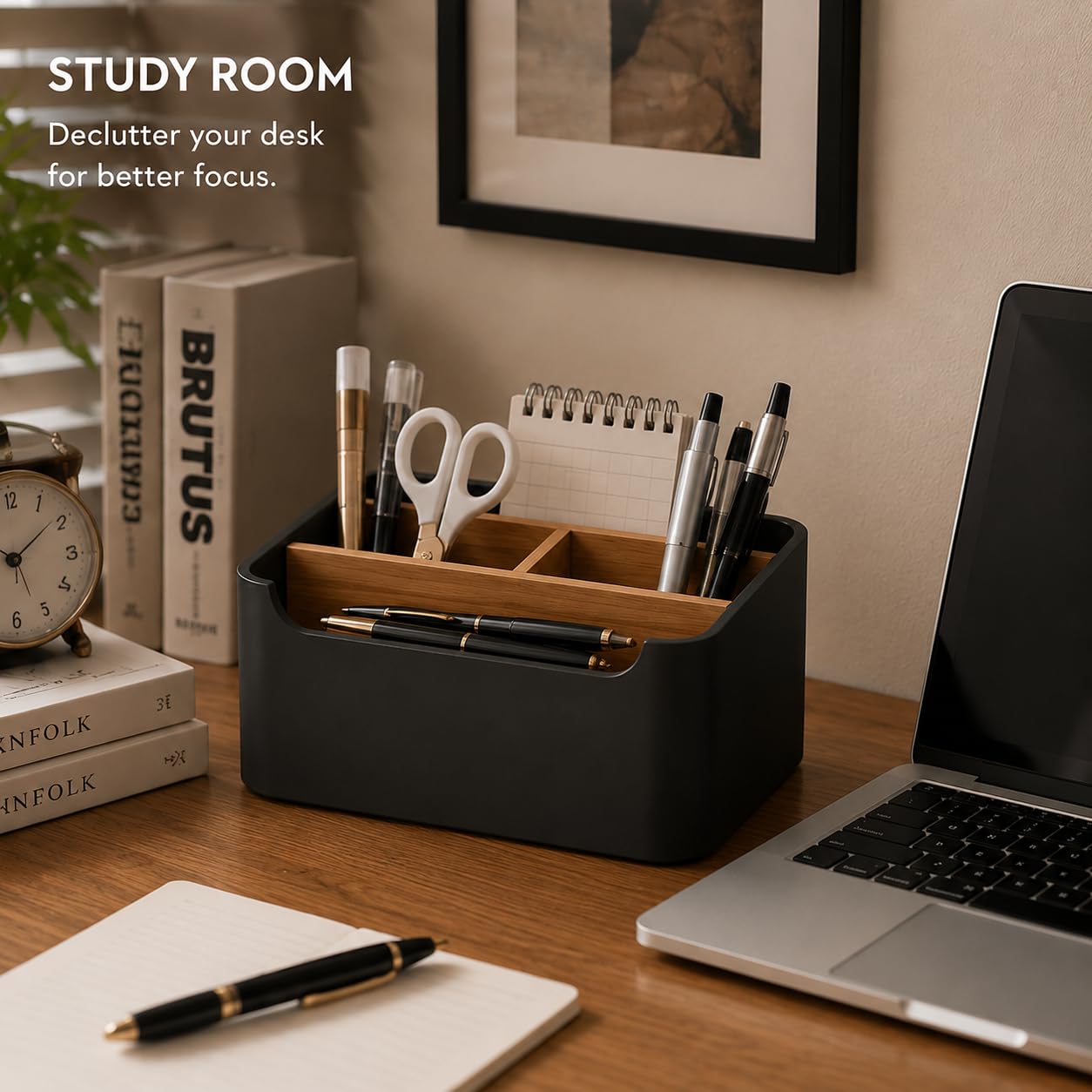 SZYRL Remote Control Holder with Removable Wood Compartments for Media Devices, Desktop Stationery, and Bedside Nightstands, Black
