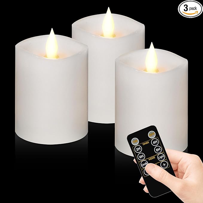 3"x4" Flickering Flameless Candles with Remote Timer- Set of 3 Real Wax White Pillar LED Candles for Indoor/Outdoor Fireplace & Home Decor, Battery Operated with 600+ Hours Flickering (3" Diameter)