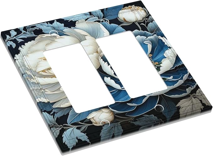 White Blue Flower Peonies Dual Outlet Covers Wall Plate 2 Gang Rocker Decora Decorative Switchplate Electrical Faceplate GFCI Light Switch Covers for Farmhouse Living Decor