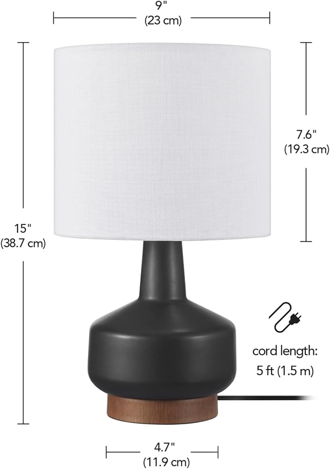 GLOBE Electric 61000046 15" Ceramic Table Lamp, Matte Black, Wood Toned Base, White Linen Shade, Dual Rotary Switch on Socket, Modern Lighting for Bedroom or Office, Home Décor, Lights for Nightstand