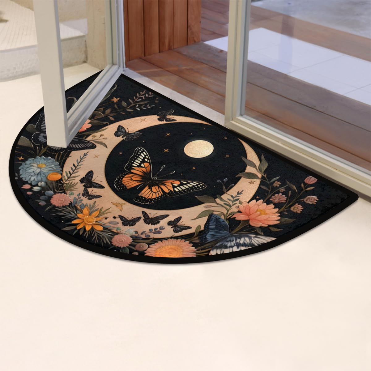 Half Round Door Mat,Art Moon Butterfly Flower Non Slip Absorbent Entrance Doormat,Welcome Mat for Front Door,Low-Profile Semi Circle Floor Mats Area Rugs for Home Kitchen Garage Patio,36" x 24"