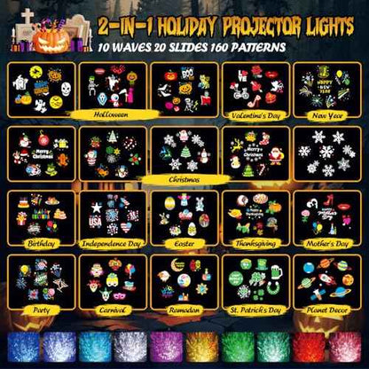 Halloween Christmas Projector Lights Outdoor with 20 Slides/160 Patterns/10 Ocean Wave Effects, Holiday Projection Lights Indoor with Remote & Timer, Waterproof Christmas Light Projector Decorations