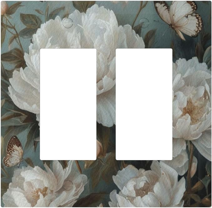 Decorative Art Light Switch Covers Butterflies & Peonies 2 Gang Dual Rocker Outlet Switch plate Faceplate GFCI for Home Decor