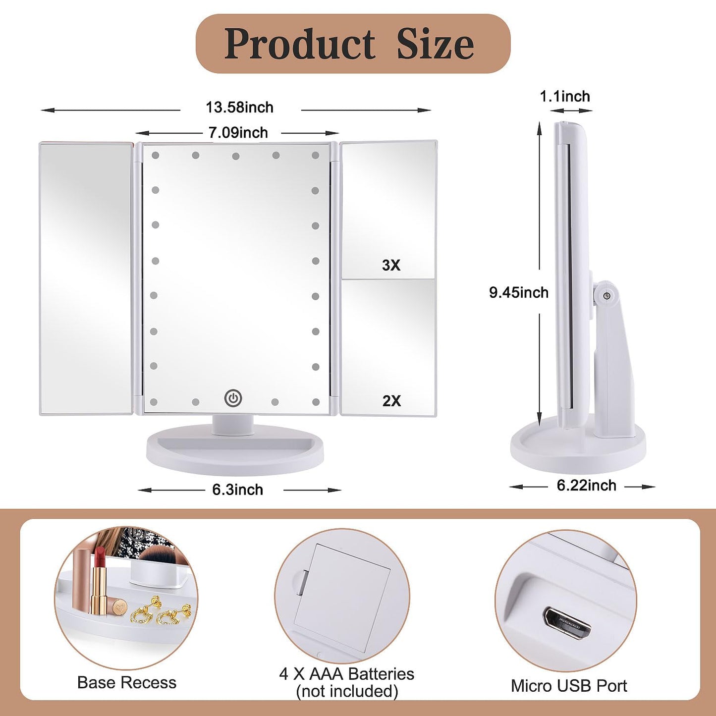 deweisn Dresser Mount Tri-Fold Lighted Vanity Mirror with 21 LED Lights, Touch Screen and 3X/2X/1X Magnification, Two Power Supply Modes Make Up Mirror,Travel Mirror