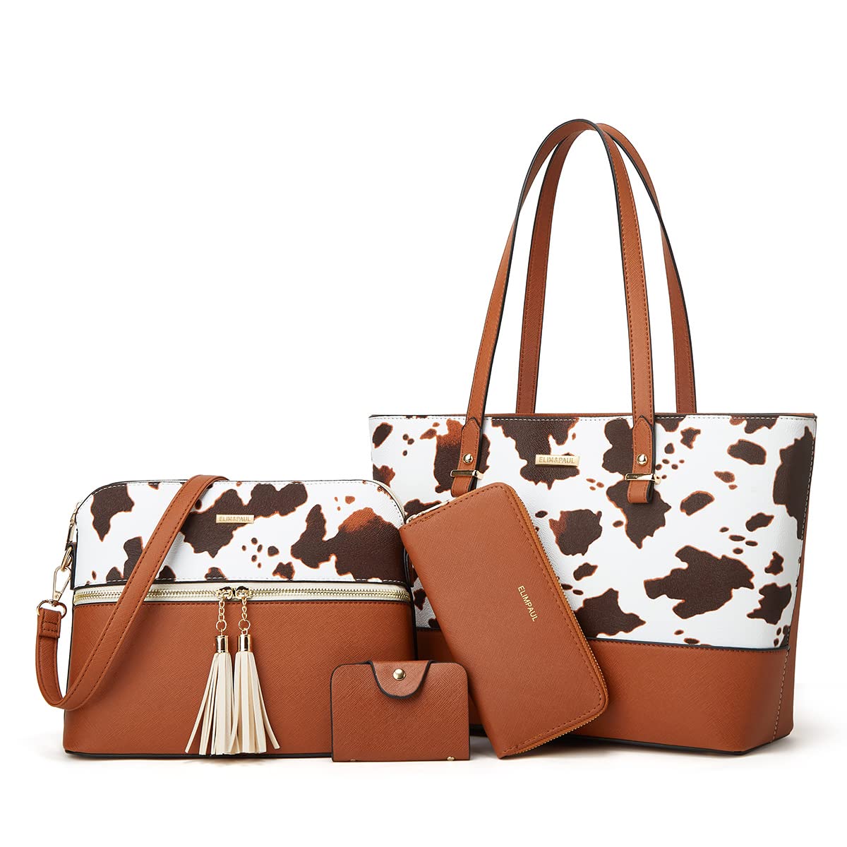 Women Fashion Handbags Wallet Tote Bag Shoulder Bag Top Handle Satchel Cow Print Purse Set 4pcs