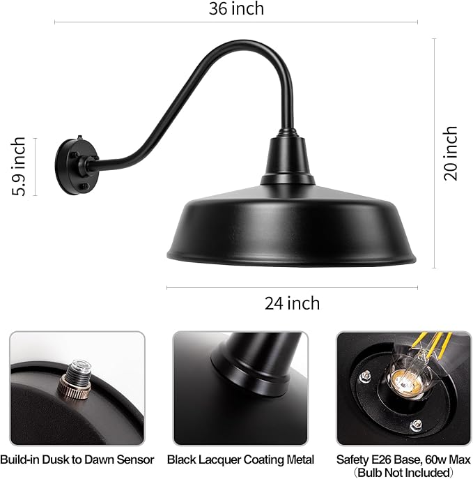 Gooseneck Barn-Lights Outdoor Fixture - 24 inch Farm Style Black Large Lighting Farmhouse Exterior Sconce Wall Light for House, Dusk to Dawn Sensor Front Door Porch Garage (24 inch)