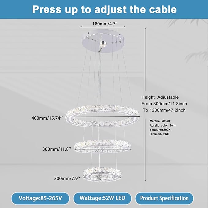 FRIXCHUR LED Chandeliers Crystal Chandelier Modern Ceiling Light Fixture 3 Ring Adjustable Pendant Light Chandelier for Bedrooms Living Room Dinning Room (Cool White)