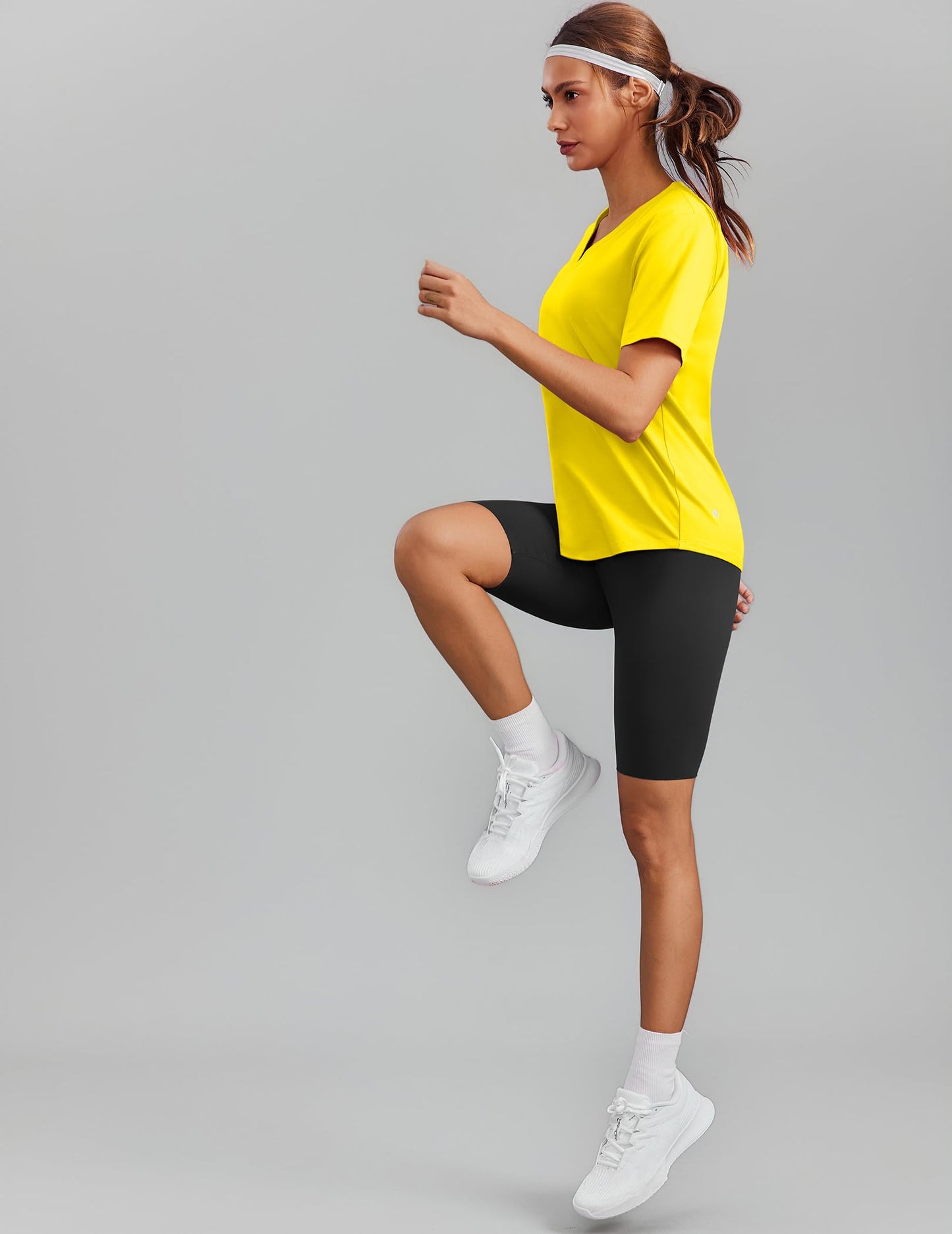 PINSPARK Womens Hiking Shirts Short Sleeve V Neck UPF 50 Sun Protection Moisture Wicking Quick Dry Outdoor Athletic Tops,Yellow Small