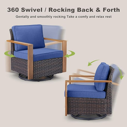 Rilyson Outdoor Wicker Patio Furniture Set - 8 Piece Patio Conversation Set with 4 Wicker Swivel Rocker Chairs,2 Rattan Ottoman 1 Side Table and 1 Couch,Thick Cushions,Deep Seating(Brown/Blue)