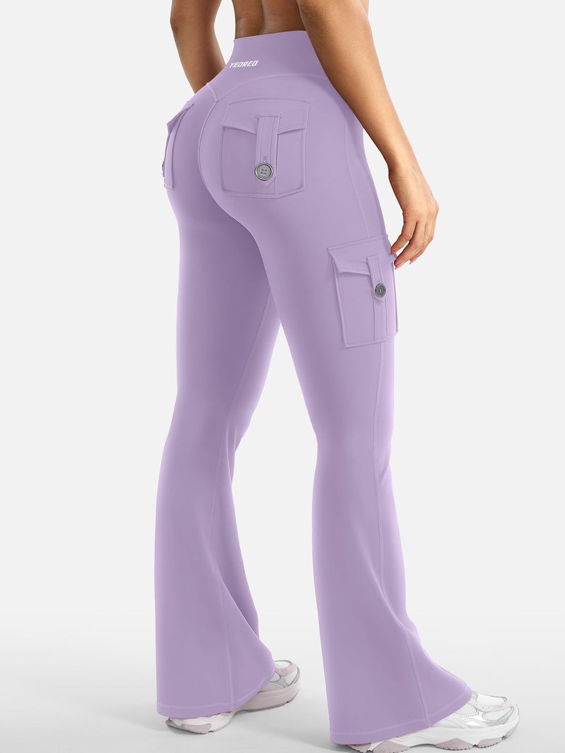 YEOREO CoreFlex Women Workout Flare Leggings with Pockets Hidden Scrunch High Waisted Cargo Gym Yoga Leggings Fog Purple M
