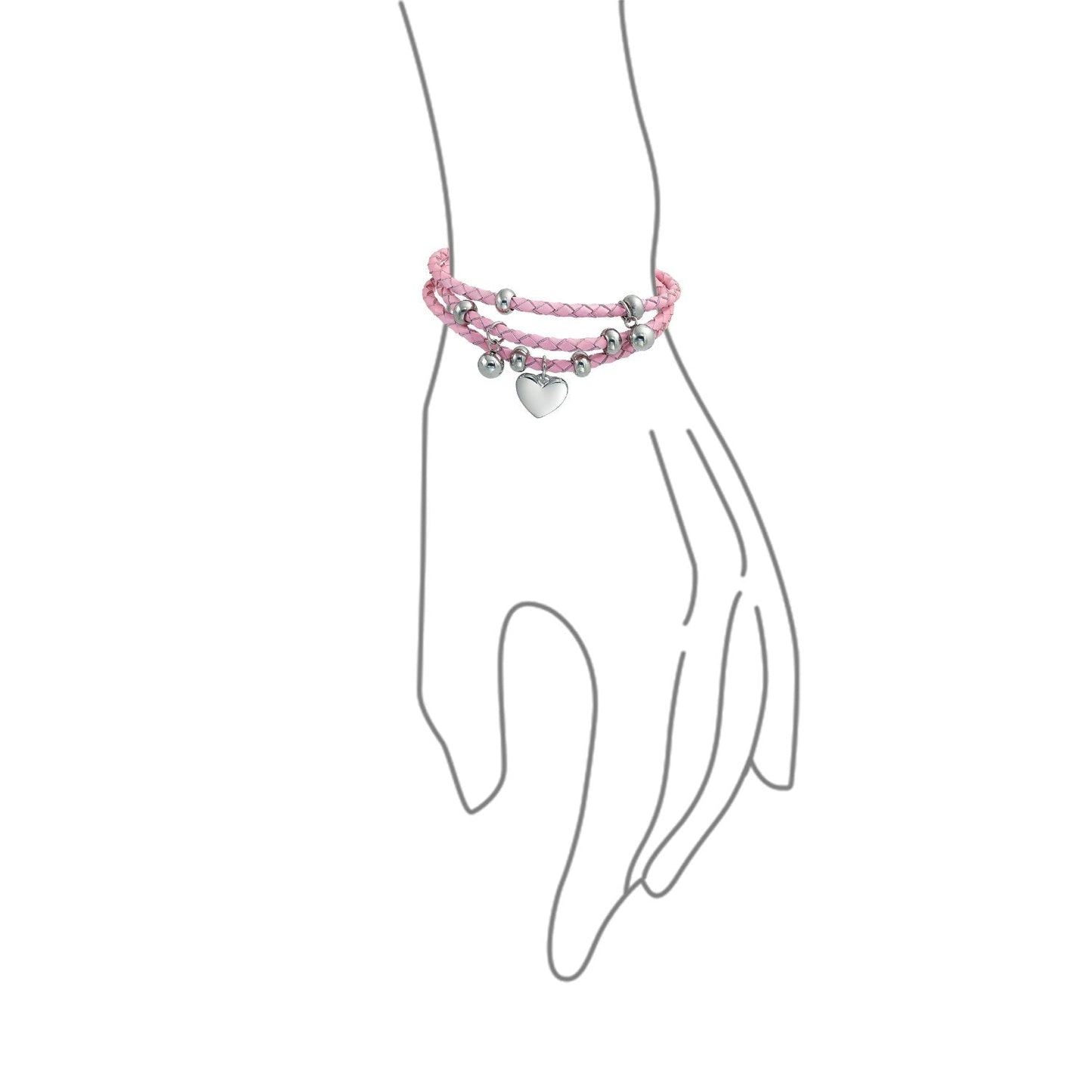 Bling Jewelry Braided Leather Bracelet Pink Heart Charm Double Strand Bracelet Stainless Steel