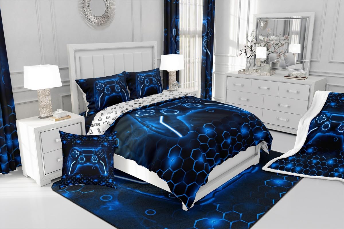 Feelyou Boys Gamer Rugs for Living Room Bedroom 3x5 Kids Gaming Honeycomb Area Rug Game Controller Decorative Carpet Set Hexagon Gaming Gifts Blue Indoor Floor Mat
