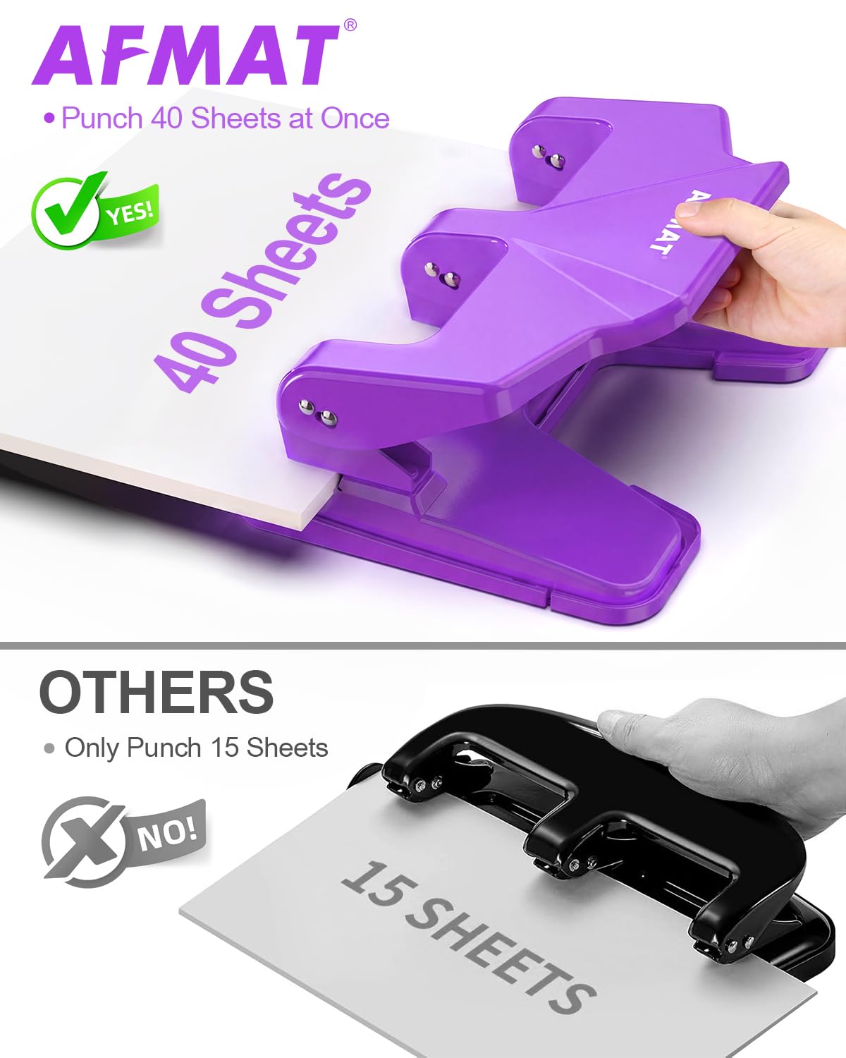 AFMAT 3 Hole Punch Heavy Duty, 40-Sheet Three Hole Punch, 50% Reduced Effort, 3 Hole Puncher for Binder w/Large Chip Tray, 9/32" Holes Diameter, Metal Paper Puncher for Home/Office/School,HP14(Purple)