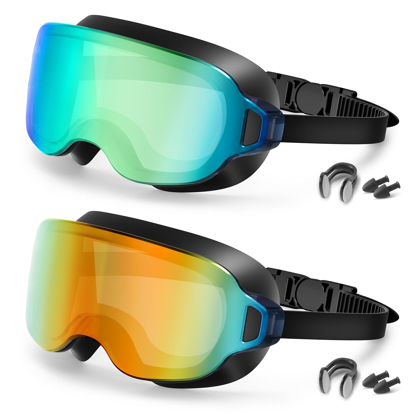 Aegend 2 Pack Swim Goggles For Youth Ages 8-16&Adult(Small Faces), Large Frameless Wide View No-Leak Silicone Seal Anti-Fog/UV, with Earplugs Nose Clips Mesh Bags for Teens Boys Girls Swimming