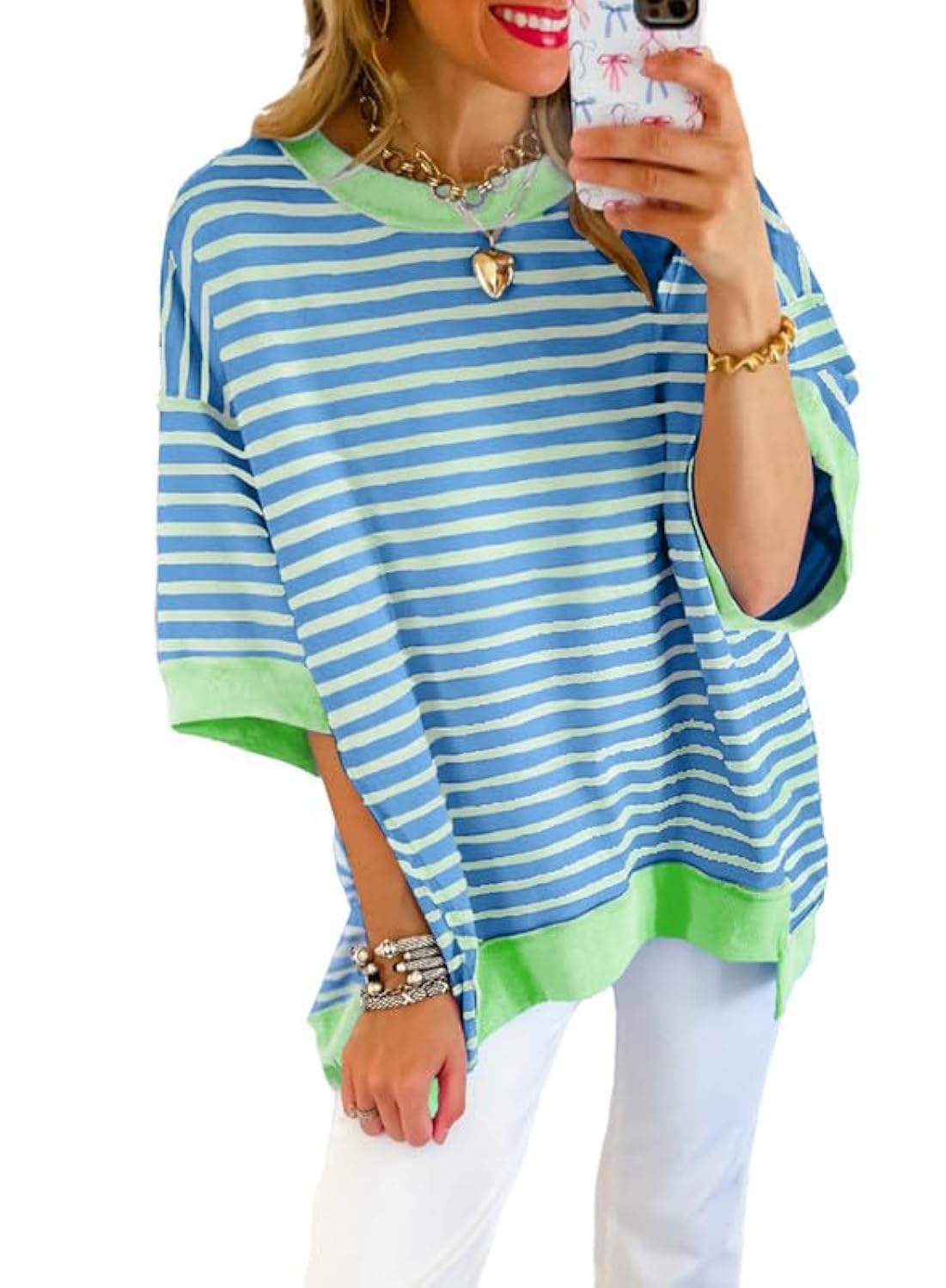 SHEWIN Womens Tops Trendy Crewneck Sweatshirt Loose Ladies Top and Blouses Dressy Casual Spring Top Short Sleeve Shirts for Women 2026 Sky Blue Stripe XXL