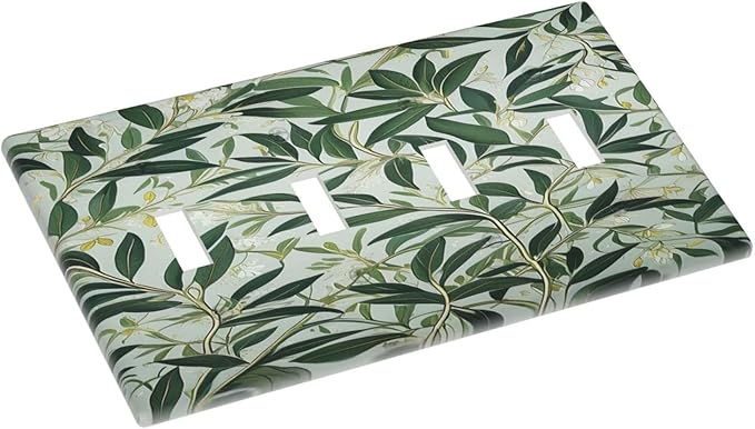 Sage Eucalyptus Leaves Foliage Light Switch Covers Quad Toggle 4 Gang Wall Plate Decorative Switchplate Electrical Faceplate for Farmhouse Bathroom Living Decor
