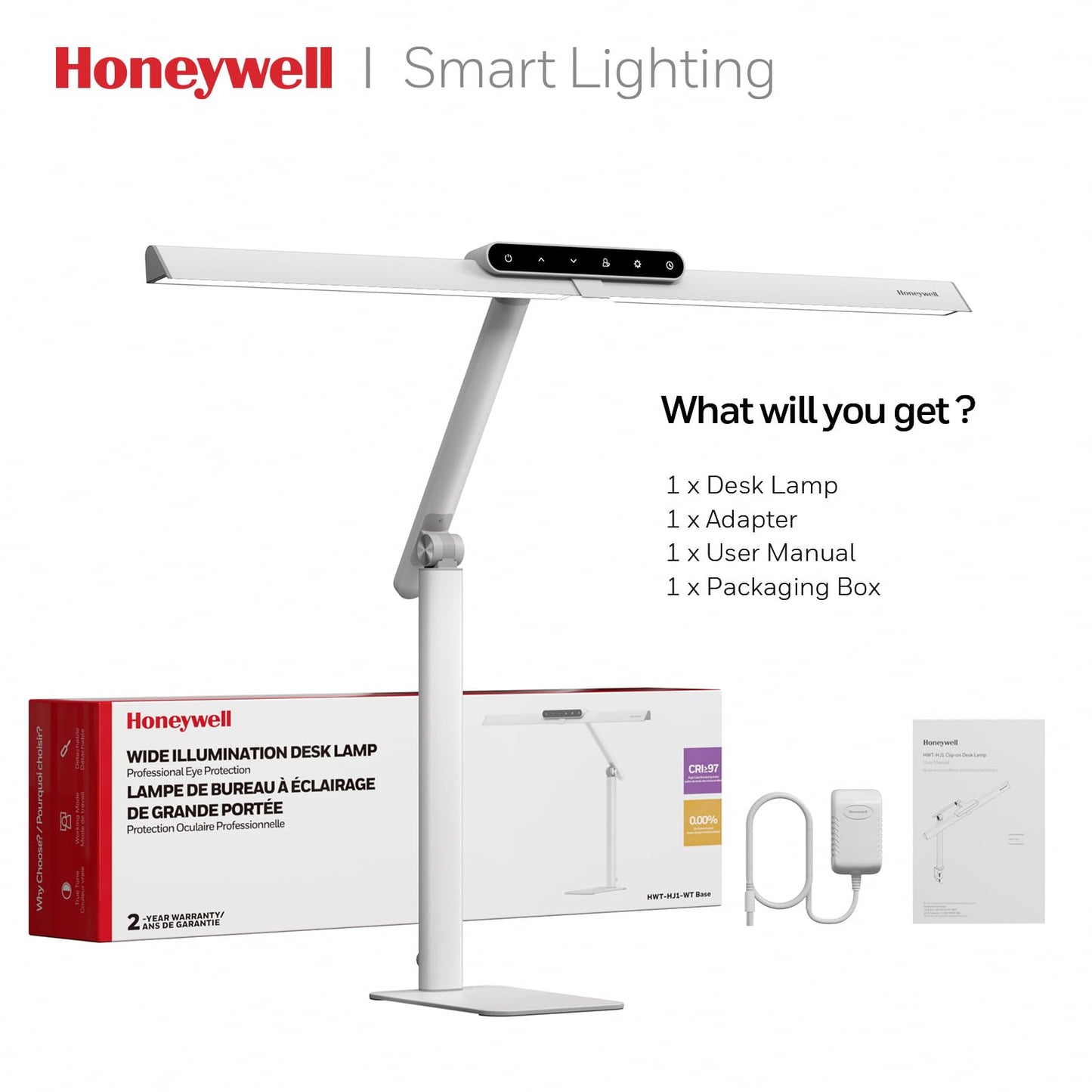Honeywell LED Desk Lamp with Base - HJ1WT Sunturalux Eye-Caring Architect Desk Lamp for Home Office, 1200LM Computer Desk Light 4 Color Modes Stepless Dimming Task Desk Light with Timer Function White