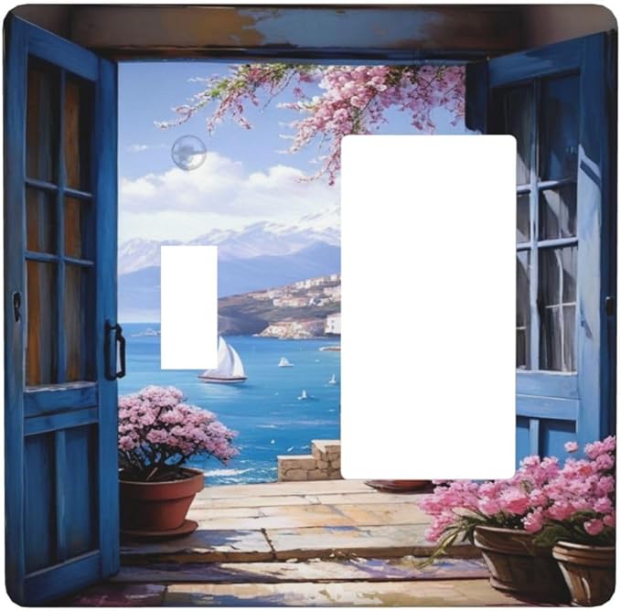 Decorative Art Light Switch Covers Seaside Window View 2 Gang Single Toggle Rocker Combination Electrical Faceplate Switchplate Wall Plate for Home Decor