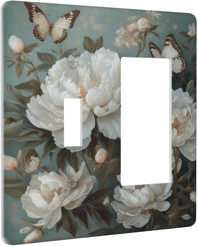 Decorative Art Light Switch Covers Butterflies & Peonies 2 Gang Single Toggle Rocker Combination Electrical Faceplate Switchplate Wall Plate for Home Decor