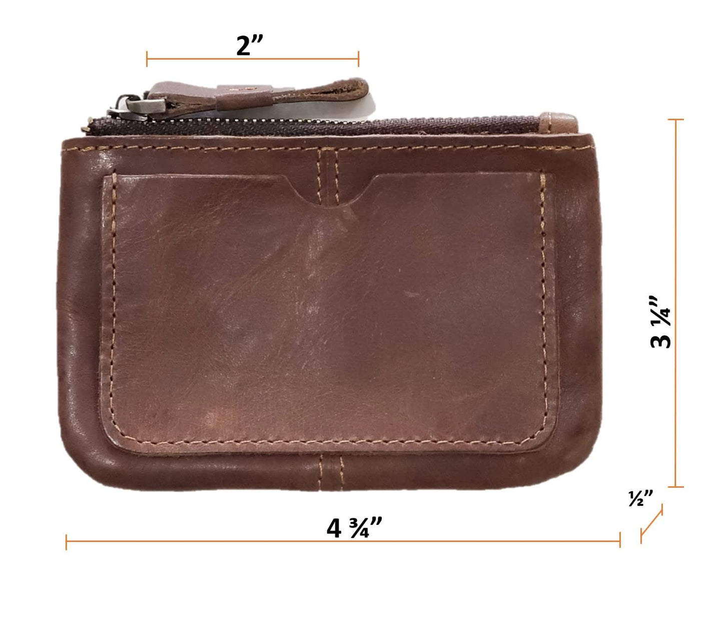 Genuine Leather Coin Purse Pouch for Women Men Vintage Cowhide Grain Leather Slim Mini Wallet Metal Zipper with Real Leather handle (Dark Brown)