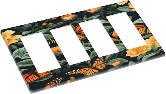Butterflies Flower Garden Light Switch Cover 4 Gang Rocker Decora Outlet Covers Wall Plate Decorative Switchplate Electrical Faceplate GFCI for Farmhouse Living Bedroom Decor