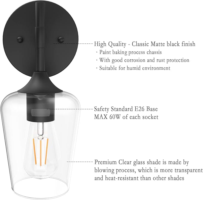 Ralbay Black Wall Sconces Set of 2 Matte Black Bathroom Lights Clear Glass Shade Black Sconces Indoor Wall Lighting for Home Decor Bathroom Kitchen Living Room Hallway