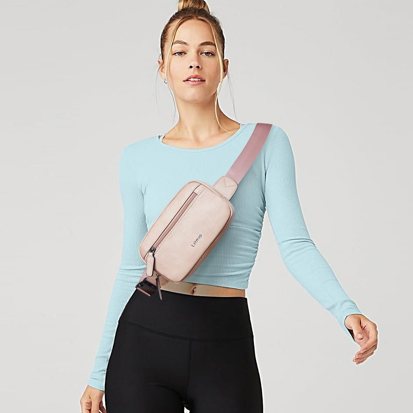 LATMAP 2L Fanny Packs Everywhere Belt Bag Small Fashion Crossbody Waist Pack Faux Leather Waterproof Sling Chest Bag For Women Trendy Pink
