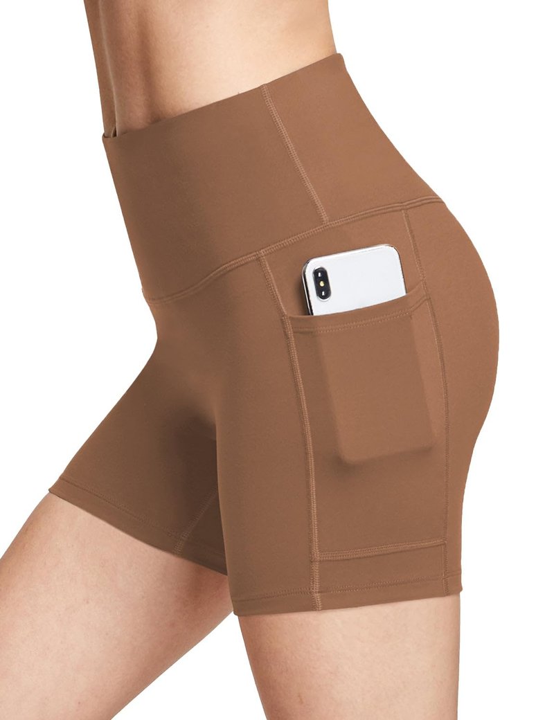 baleaf Biker Shorts Women Yoga Gym Workout Spandex Running Volleyball Tummy Control Compression with Pockets Soft 5" Brown M