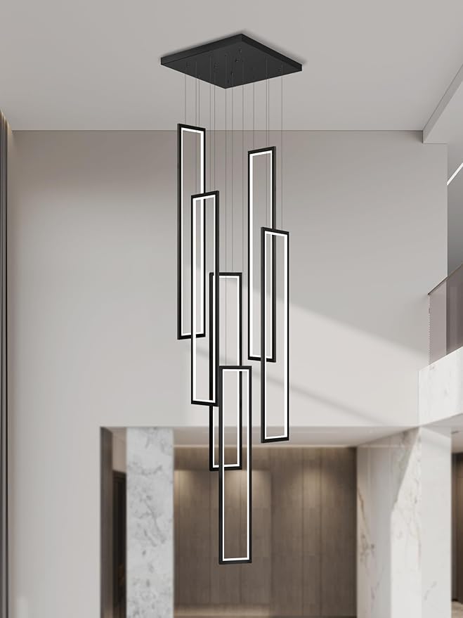 Flashing God Modern Chandelier,Black Chandeliers with 6 Ring Led Foyer Chandelier,Larger High Ceiling Chandeliers for Living Room,Rectangle Chandelier for Entryway Staircase LED Dimming 2700k-6001k