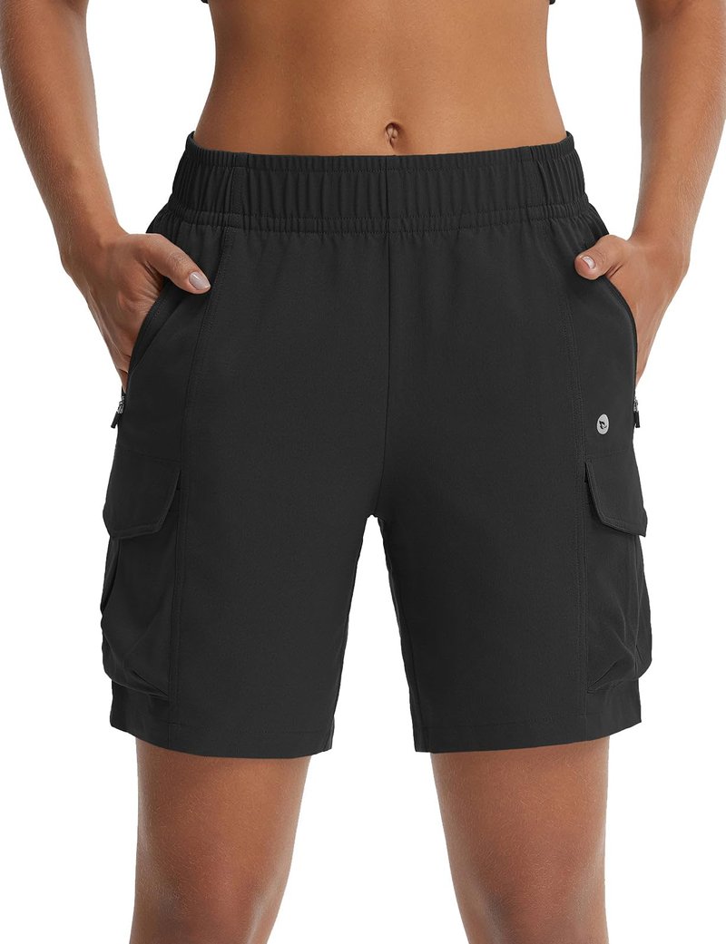 baleaf Women's 7'' Hiking Shorts with Zipper Pockets Quick Dry Lightweight Water Resistant Elastic Waist Cargo Shorts Outdoor Black XL
