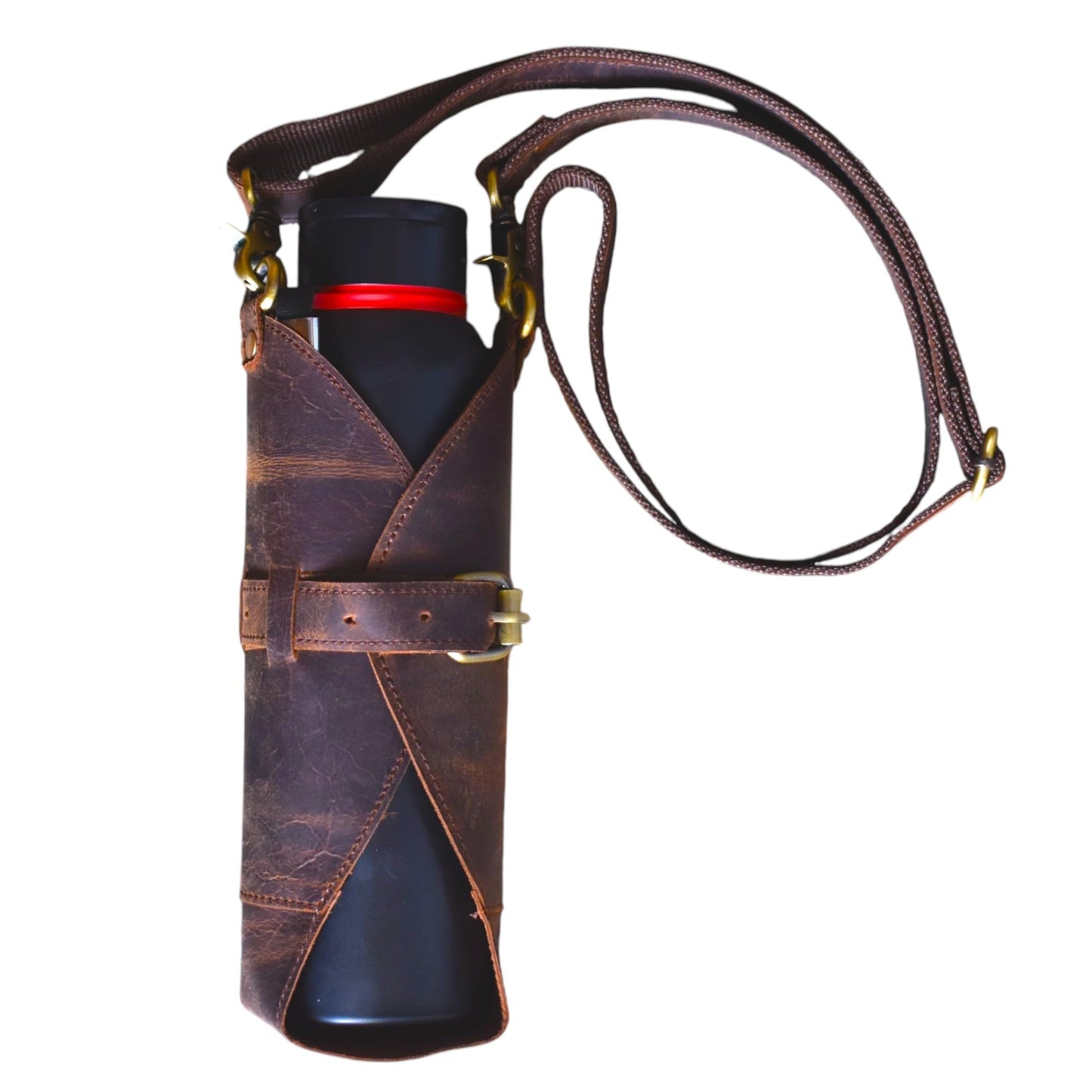 Leather Water Bottle Holder with Strap, Heavy Duty Brass Crossbody Brown Sling Bag, 1 Liter Universal Tumbler Carrier for Travel, Hiking, Walking & Camping (Bottle Excluded)