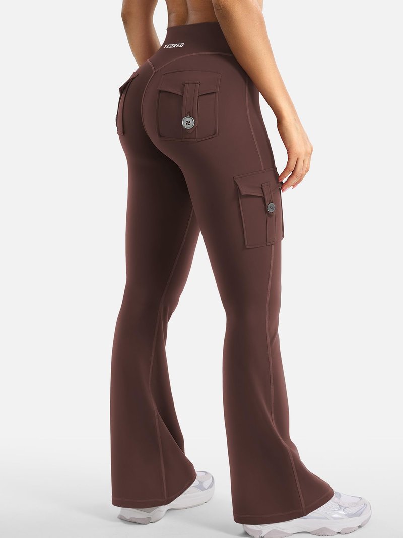 YEOREO CoreFlex Women Workout Flare Leggings with Pockets Hidden Scrunch High Waisted Cargo Gym Yoga No Front Seam Leggings (Chocolate, Small, 30" Inseam)