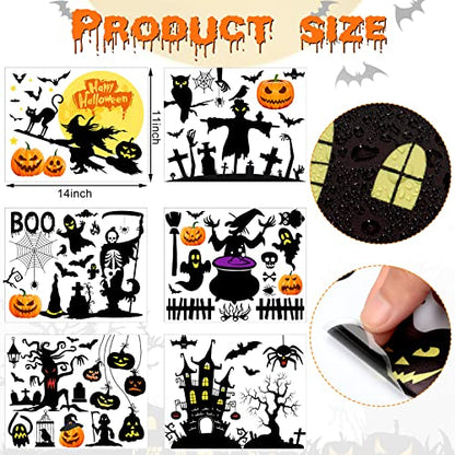 6 Sheets Halloween Wall Decals Black Bats Witch Ghost Ancient Castle Pumpkin Wall Stickers Decor Removable DIY Home Art for Halloween Party Supplies