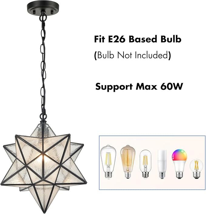 Modern Moravian Star Pendant Light Seeded Large Glass Hanging Lights with Adjustable Chain, 16'' Diameter Shade Lighting for Kitchen Porch Dining Foyer Bedroom
