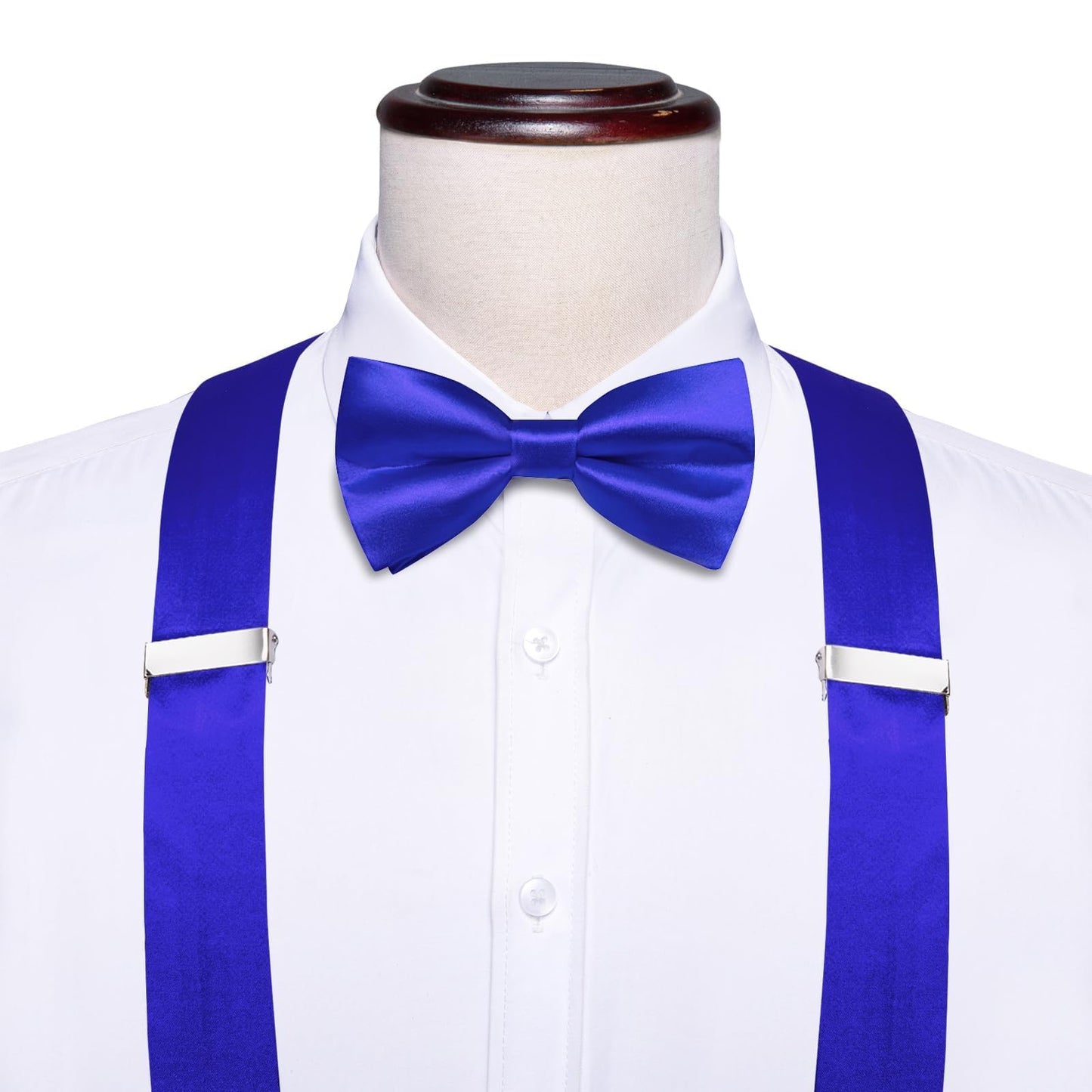 Hi-Tie Royal Blue Satin Suspender Bowtie Set for Men Suspenders Pre-tied Bow Tie Pocket Square Cufflinks Adjustable Y Shape 6 Clips Braces Tuxedo
