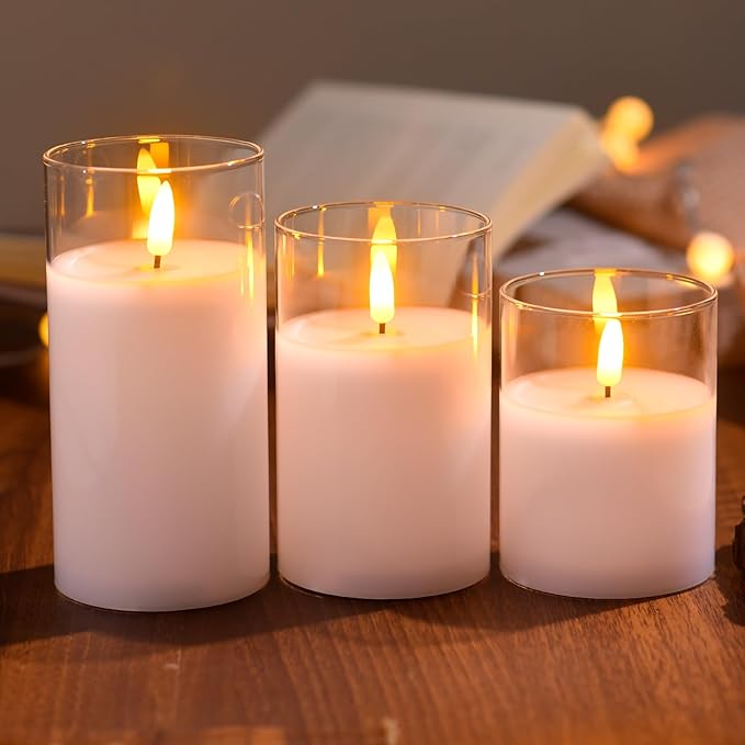 Glass Battery Operated LED Flameless Candles with Remote and Timer, Real Wax Candles Warm Color Flickering Light for Festival Wedding Home Party Decor(Pack of 3)-Lvory White