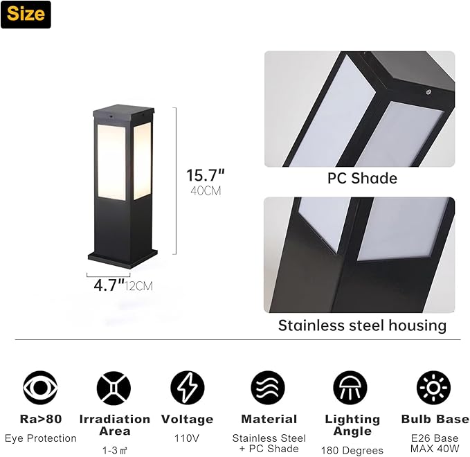 Outdoor Landscape Path Light E26 Bollard Lighting Fixture IP54 Waterproof Pathway Light with Stainless Steel Garden Floor Lamp Outdoor Walkway Lights for Lawn Courtyard Driveway Decoration