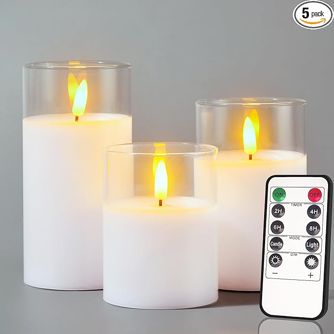Glass Battery Operated LED Flameless Candles with Remote and Timer, Real Wax Candles Warm Color Flickering Light for Festival Wedding Home Party Decor(Pack of 3)-Lvory White