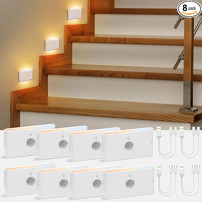 wowatt Rechargeable Motion Sensor Stair Light, Whtie Automatic Lights with Magnetic Mount, Dimmable Step Lights Indoor for Stairway, Hallway, Kitchen, Bathroom(8 Packs)