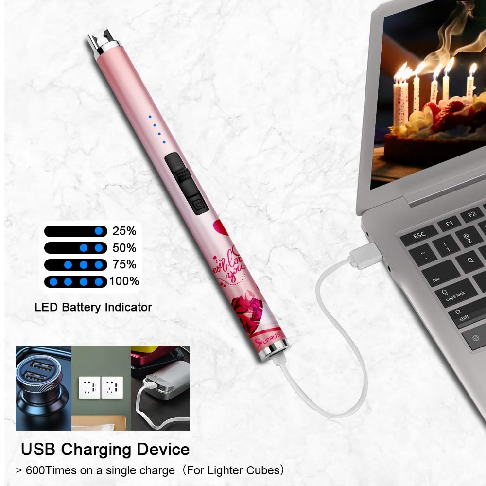 SUPRUS Candle Arc USB Type C Lighter Electric Lighter with Upgraded LED Battery Display Safety Switch Rechargeable Flameless Plasma Windproof Portable for Mother‘s Day (Pink)