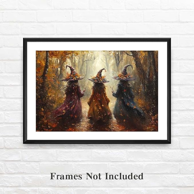 Yesad Three Witches in The Forest Canvas Wall Art, Halloween Décor Vintage Posters Pictures Décor Fall Wall Décor for Living Room Bedroom (Unframed,30”x20”,Three Witches)